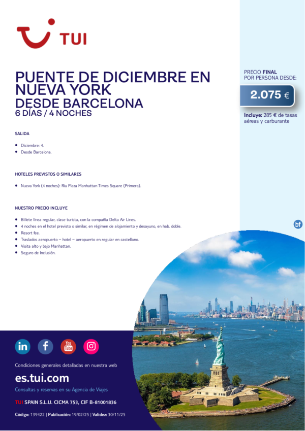 Puente de diciembre en Nueva York. 6 das / 4 noches. Salida 04 DIC desde BCN desde 2.075 € 