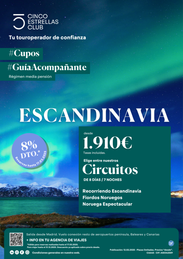 Novedad\-Escandinavia\-dsd 1.910 € 8d/7n Cupos -Guia Acomp.en el viaje, reg.MP sal. jun,julio,agost,sept. 8%dto.