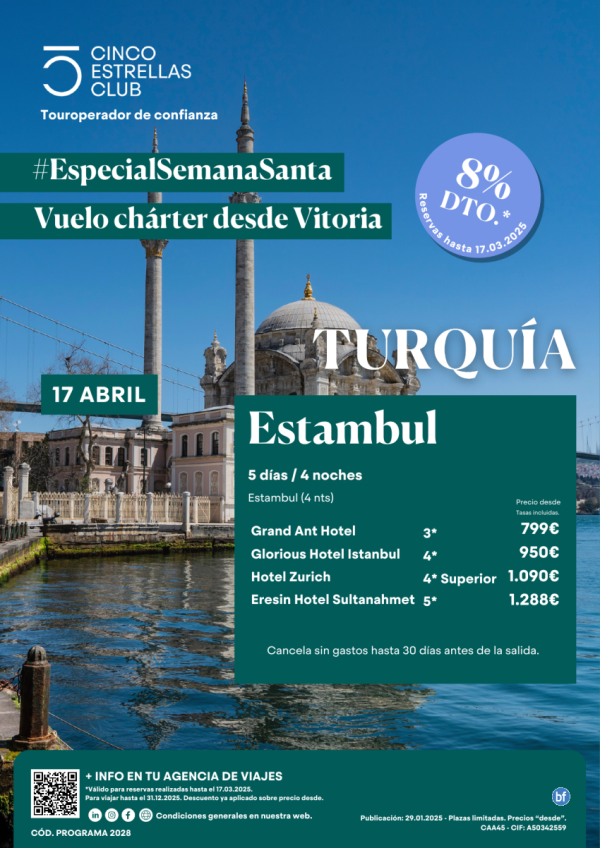 8% dto.+Tarj.Gif Card hst120? Estancia Estambul charter dsd Vitoria 5d/4n dsd 799 € Sal. 17 abril. Semana Santa