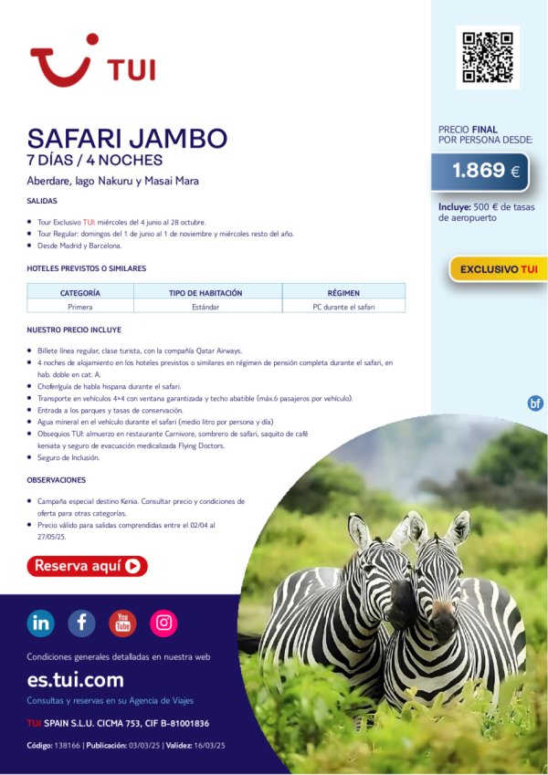 Quincena de Kenia. Safari Jambo. 7 das / 4 noches. Salidas desde MAD y BCN desde 1.869 € 