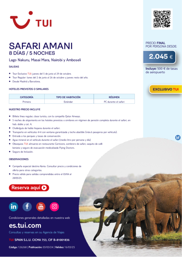 Quincena de Kenia. Safari Amani. 8 das / 5 noches. Exclusivo TUI. Salidas desde 2.045 € 