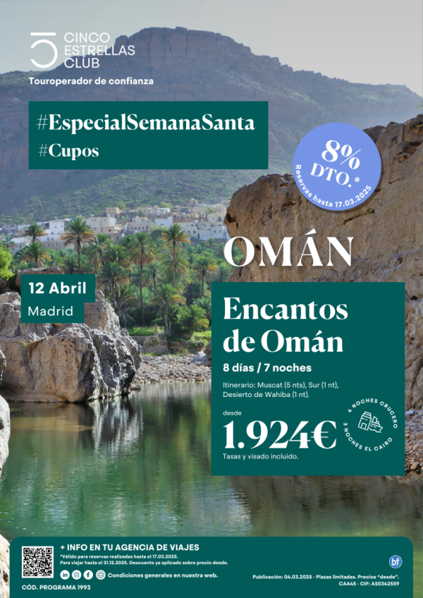 S.STA  Cupos Dsd 1.924 € Encantos de Omn 8d/7n sal 12 abril desde Madrid 8% dto+Tarj.Gif Card hasta 120 € 