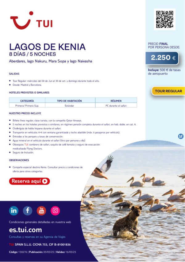 Quincena de Kenia. Lagos de Kenia. 8 das / 5 noches. Tour Regular. Desde MAD y BCN desde 2.250 € 