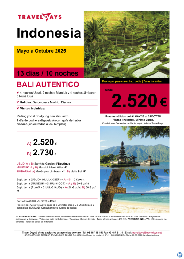 BALI AUTENTICO - 13 das visitando el interior de la isla y acabando en el sur desde 2.520 € 