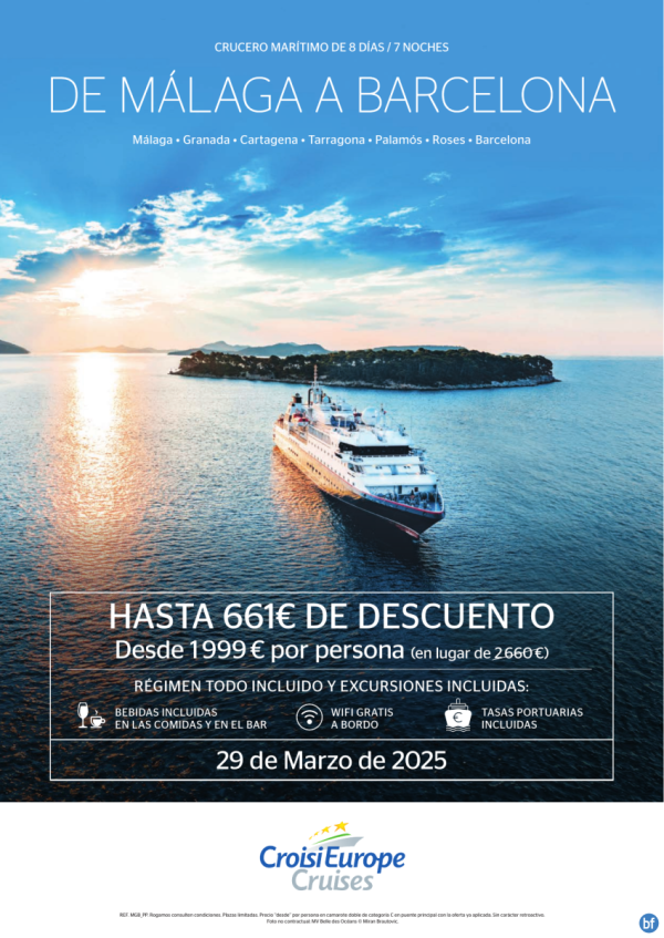 661? DESCUENTO y excursiones incluidas - crucero de Mlaga a Barcelona - 8 das - rg. Todo Incluido - 29/03