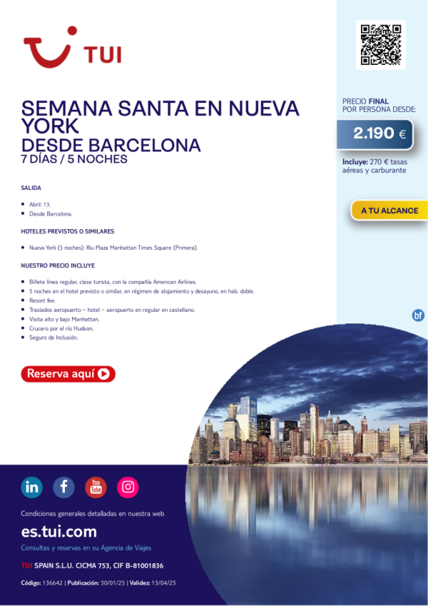 Semana Santa en NYC. 7 das / 5 noches. Salida 13 ABR desde BCN desde 2.190 € 