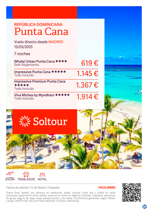 Punta Cana (Repblica Dominicana) desde 619 € , salida 15 Marzo desde Madrid