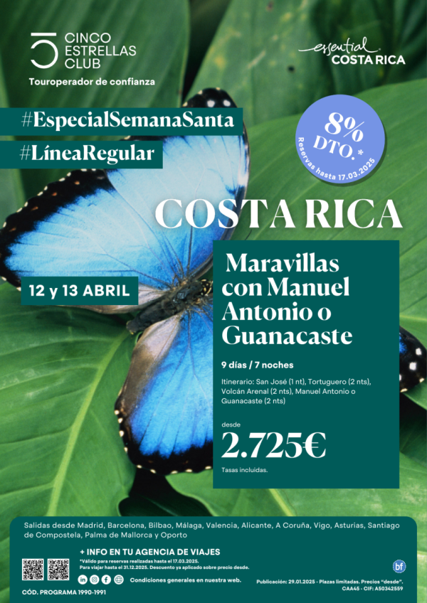 8% dto.+Tarj. Amazon hsta 17.03 - S. STA dsd 2.725 € Marav.Costa Rica con M.Antonio y/o Guanacaste sal.12-13.04