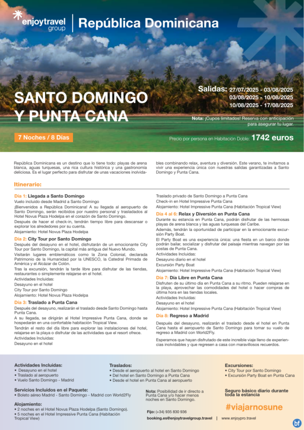 Santo Domingo y Punta Cana 8D/7N con vuelo incluido desde 1,742 € 