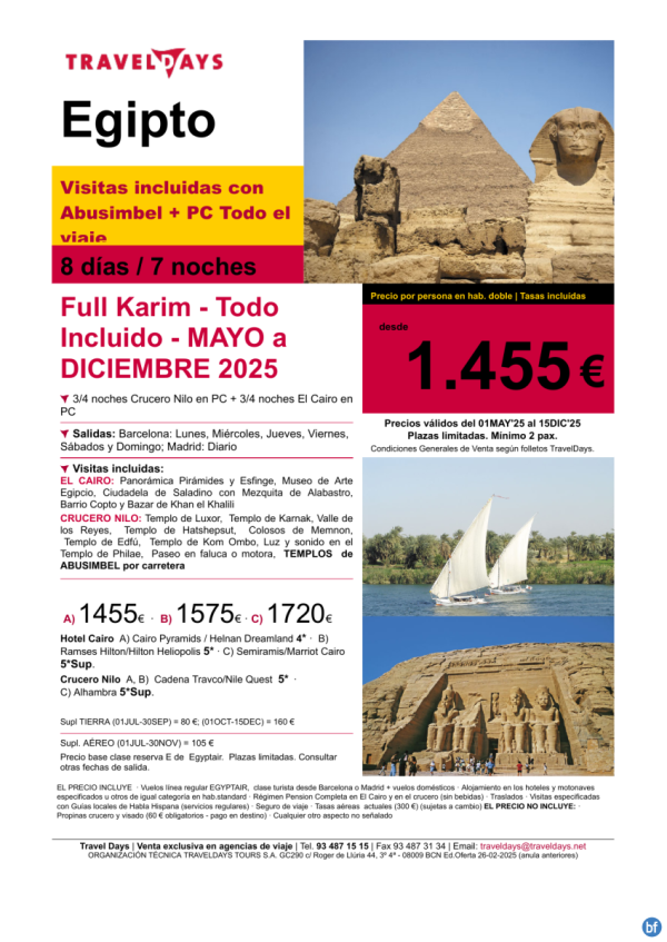 Egipto- Full Karim 8 dias en P/C con visitas salidas BCN/MAD con cupos a partir de Mayo desde 1.445 € 