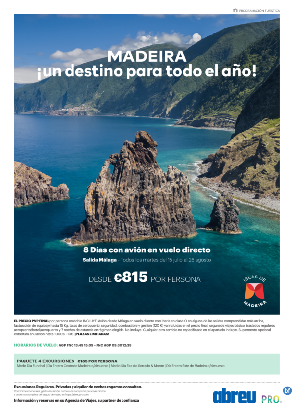 Madeira vuelo directo desde Mlaga Jul a Sep salidas martes