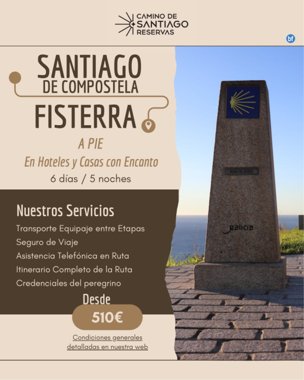 Santiago - Fisterra a pie. 6 Das / 5 Noches. Hoteles y Casas con Encanto. 510 € 