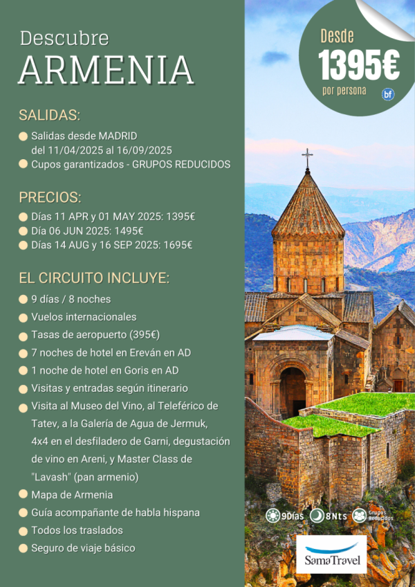 \-Descubre Armenia\-: Circuito de 9 das con cupos garantizados - Salida 11ABR-16SEP desde Madrid *desde 1.395 € *
