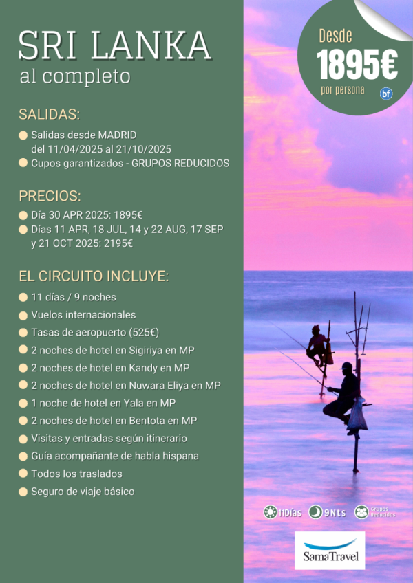 \-SRI LANKA al Completo\-: Circuito 11 das - Cupos garantizados desde Madrid (11Abr-21Oct) **Desde 1.895 € **