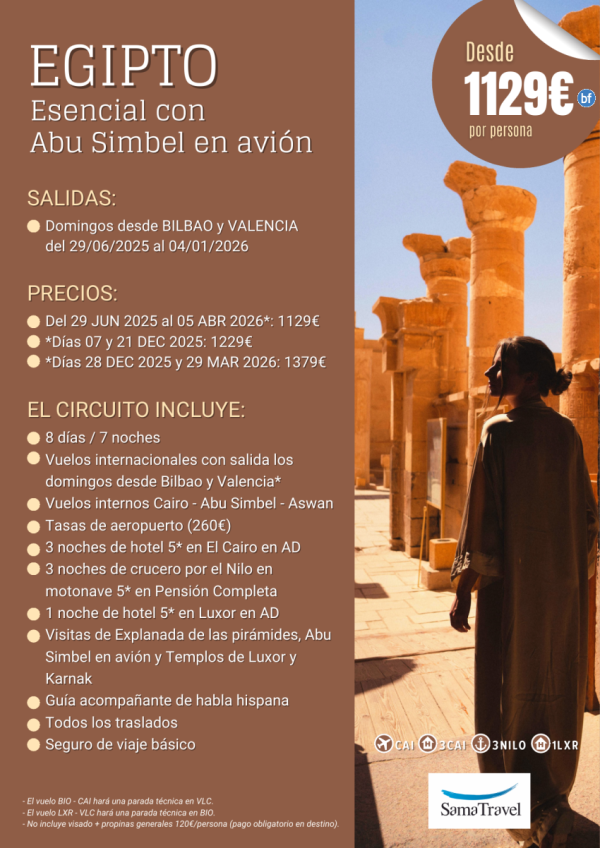 \-EGIPTO Esencial + Abu Simbel avin\- 8 das circuito [Desde Bilbao y Valencia] (29Jun-04Ene26)*Desde 1129 € *