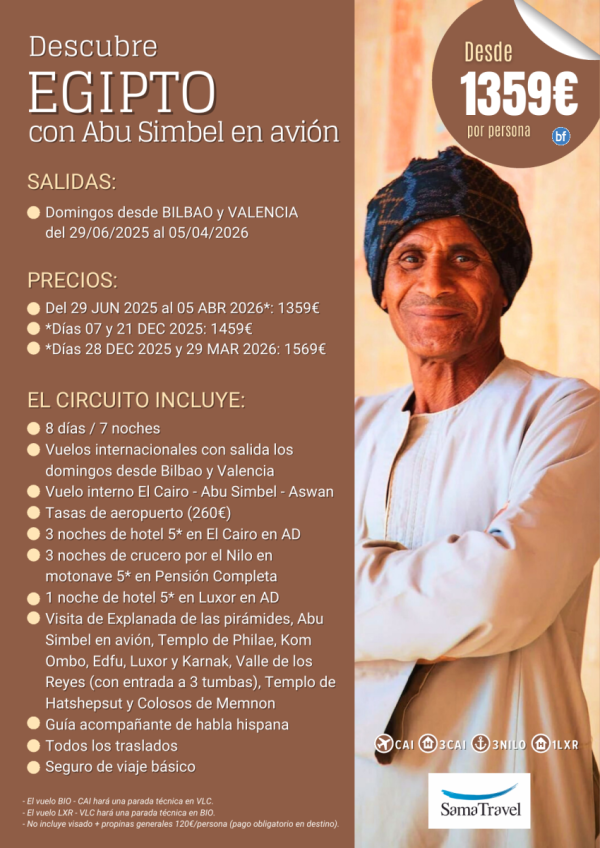 \-Descubre EGIPTO + Abu Simbel avin\- 8 das circuito [Desde Bilbao y Valencia] (29Jun-05abr26) *Desde 1359 € *