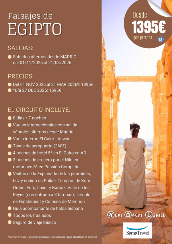 \-Paisajes de Egipto\-: 8 das Cairo +crucero +visitas [Desde MAD a CAI] (01Nov25-21Mar26) **Desde 1.395 € **