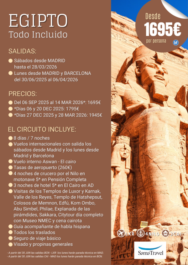 \-EGIPTO Todo Incluido\- 8 das crucero +Cairo +visitas [Desde Madrid y Barcelona] (ene25-mar26) *Desde 1695 € *