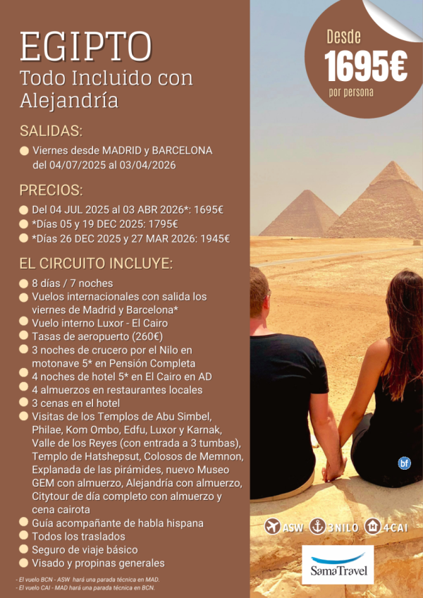 \-EGIPTO Todo Incluido + Alejandra\- 8 das circuito [Desde Madrid y Barcelona] (04Jul-03Abr26) *Desde 1695 € *