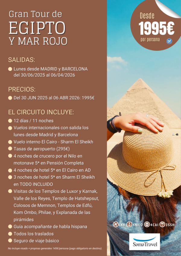 \-Gran tour de EGP y Mar Rojo\- 12 das crucero +Cairo +playa TI [Desde Mad y Bcn] (30jun-06jun26) *desde 1995 € *