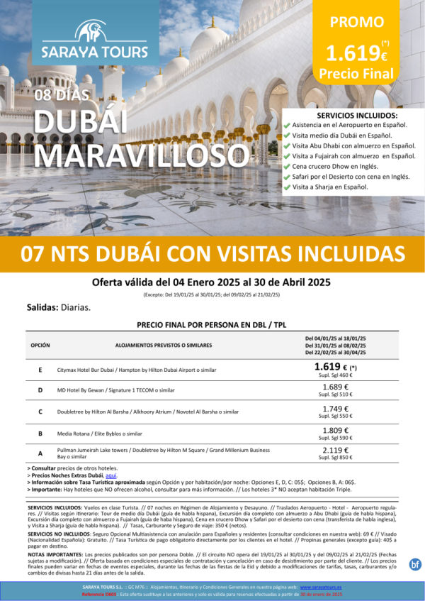 Dubai Maravilloso 8 das con Vuelos, Hotel, Traslados y Visitas a Abu Dhabi, Sharja y Fujairah hasta Abril26