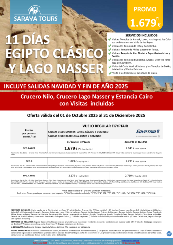 Egipto Clsico y Lago Nasser 11 das * Cruceros Nilo, Nasser y Cairo con Visitas. Hasta Diciembre25