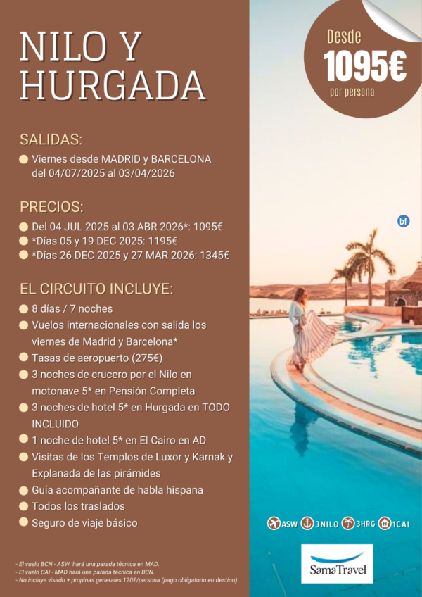 \-EGP Nilo y Hurgada [Desde Madrid y Barcelona)\-:8 das Crucero + Cairo +visitas + Hurgada en T.I *desde 1095 € *