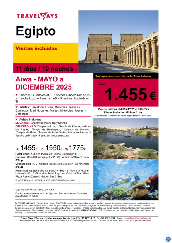 Egipto - AIWA 11 das con crucero y Hurghada a partir de Mayo desde BCN/MAD con cupos desde 1.455 € 