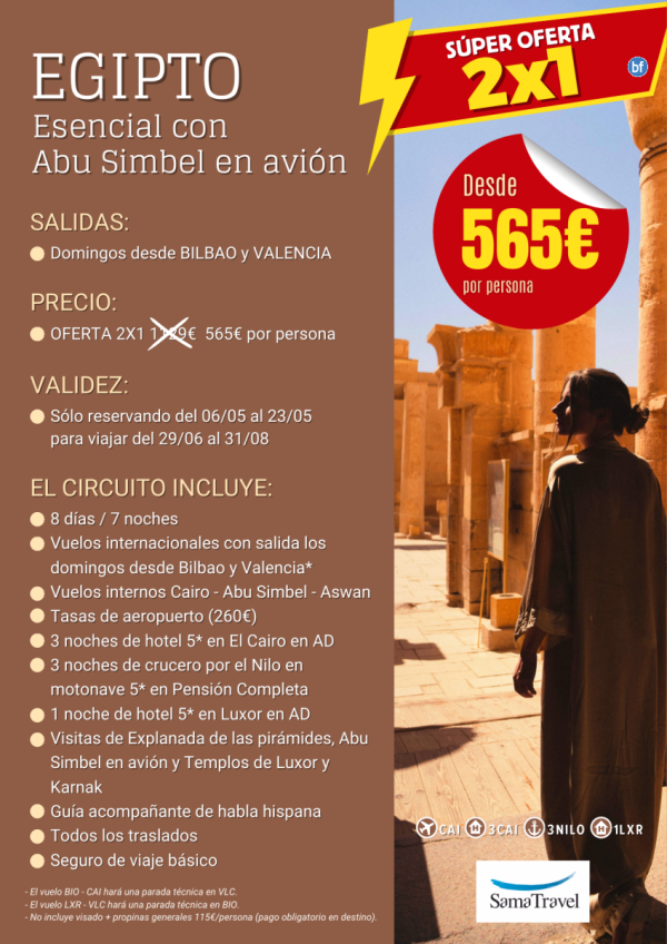OFERTA 2X1 EGIPTO + Abu Simbel: 8 das crucero +cairo alojamientos 5* +visitas incluidas *desde slo 565 € /pax*