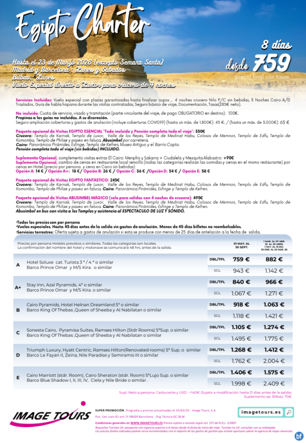 Egipto Charter hasta marzo 2026, 8 das de viaje salida lunes y sbados, plazas garantizadas desde solo 759 € 