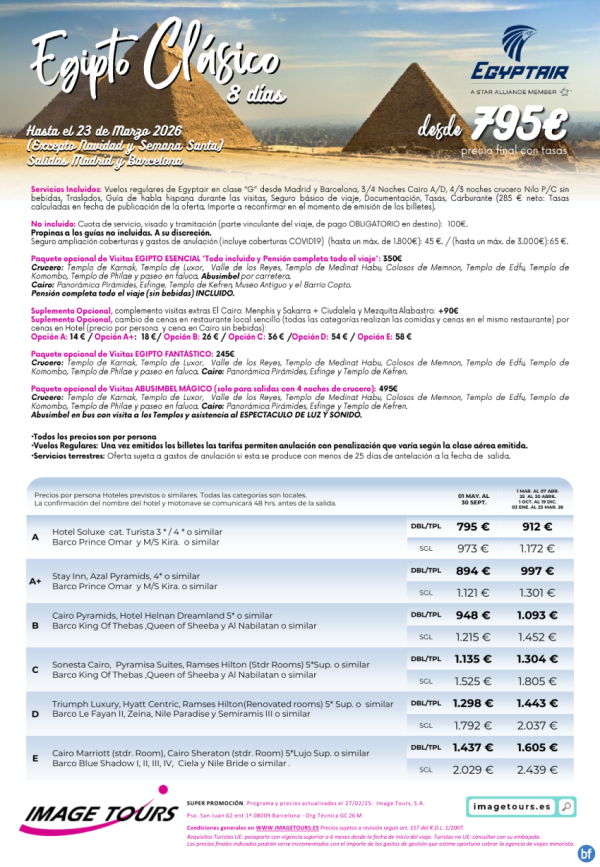 Egipto Clsico 8 das hasta marzo 2026 desde 795 € en vuelo regular, con Crucero Nilo y Cairo