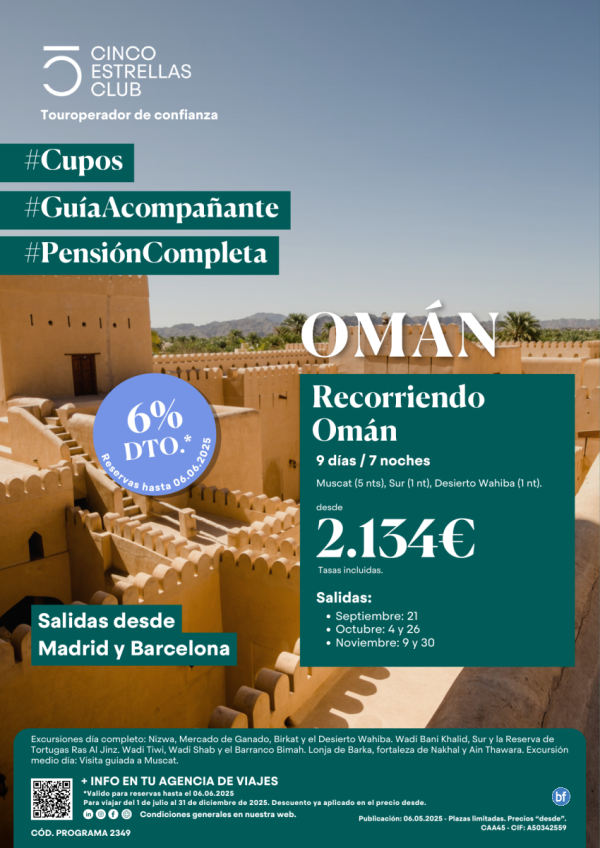 6% dto.Guia Acomp/Cupo Recorriend Omn dsd 2.134 € 9d/7n en PC sal: 21.09, 4 y 26.10, 09 y 30.11 dsd Mad y BCN