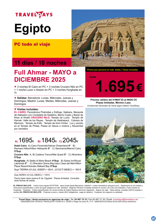 Egipto - FULL AHMAR 11 das con crucero Nilo y Mar Rojo en todo incluido con cupos a partir de 1.695 € 