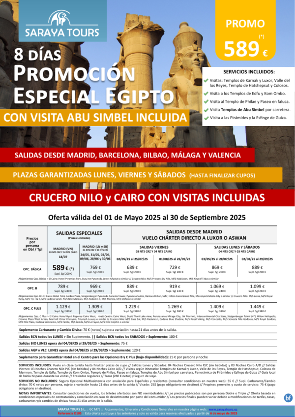 Promo Egipto con Abu Simbel 8d. *Vuelo Mad,Bcn,Bio,Agp, Vlc* Crucero y Cairo desde 589 € 