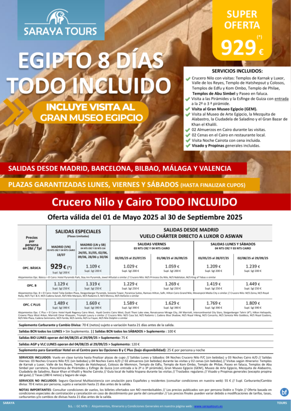 Egipto Todo Incluido 8d. *Vuelo dsd Mad,Bcn,Bio,Agp,Vlc* Crucero y Cairo+ visitas, Propinas y Visado. Dsd 929 € 