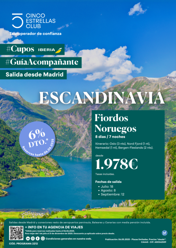 6%dto. Cupos Ib/Guia Acompaant Fiordos Noruego 8d/7n dsd  1.978 sal jul:18, ago:8,sept:12 dsd Mad