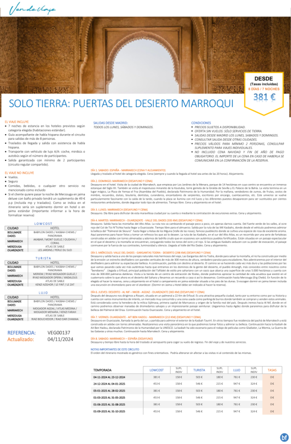 MARRUECOS: Tour completo con servicios de Tierra por slo 381 € 