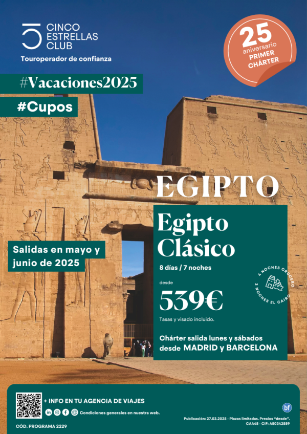 \-Chrter\- Egipto Clsico 8d/7n Dsd 539 € salidas mayo y junio desde Madrid y Barcelona