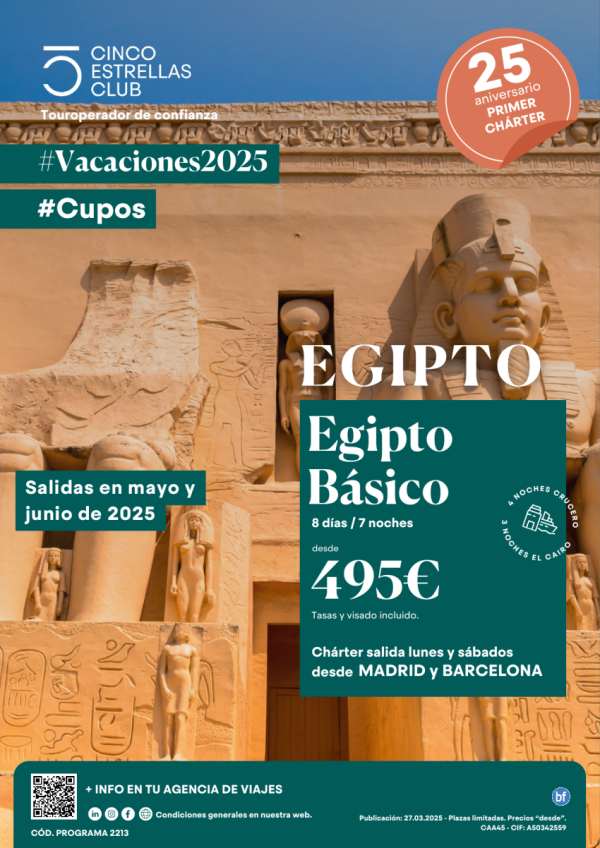 \-Chrter\- Egipto Bsico 8d/7n Dsd 495 € Salidas en mayo y junio desde Madrid y Barcelona