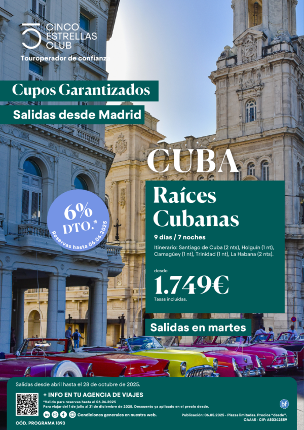 6%Dto. \-Cupos  dsd Mad\- Raices Cubanas 9d/7n dsd 1.749 € sal martes hasta 28 octubre 2025