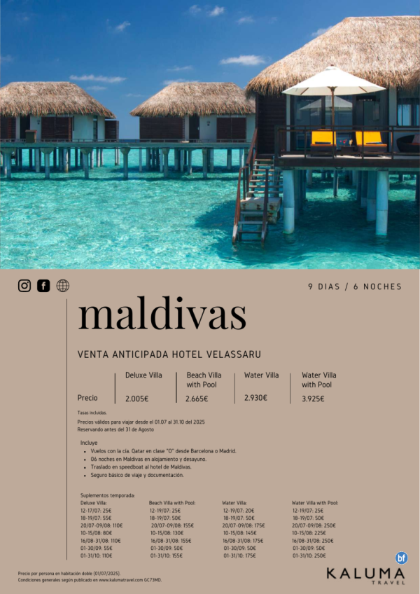 Asombrosa Maldivas Hotel Velassaru 6 noches - \-Venta Anticipada\- hasta Octubre desde 2.005 € 
