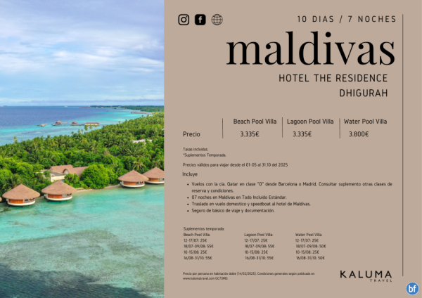 Maldivas Hotel The Residence Dhigurah 7 noches en *Todo Incluido* hasta Diciembre desde 3.335 € 