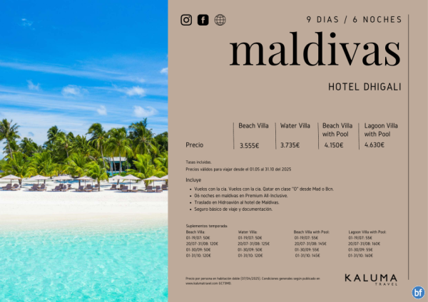 Asombrosa Maldivas Hotel Dhigali 6 noches - en *Todo Incluido* hasta Octubre desde 3.555 € 