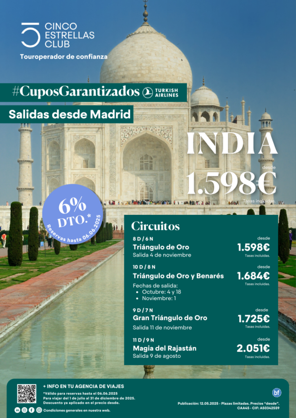 6%dto- Cupos/ India Circuitos de 6n,7n,8n,9n a elegir dsd 1.598 € sld 09Ago, 04,18Oct, 1,4,11Nov dsd Madrid