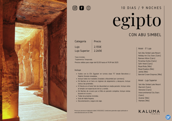 Escpate a Egipto con Abu Simbel 9 noches hasta Diciembre desde 2.155 € 