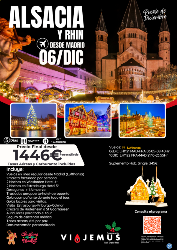 Puente de Diciembre. Mercadillos Navideos de Alsacia  y Rhin  salida 06/DIC desde Madrid