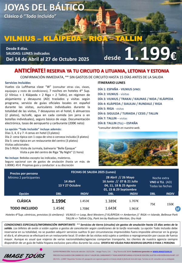 Joyas del BLTICO, circuito MP Lituania - Letonia - Estonia, todas las visitas, dsd 1.199 € hasta Octubre24