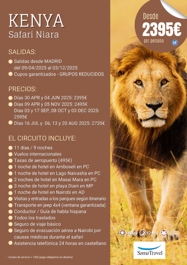 KENYA \-Safari Niara+Playa\-: 11 das con Amboseli, Lago Naivasha, Masai Mara, playa Diani, Nairobi, *dsd 2395 € *