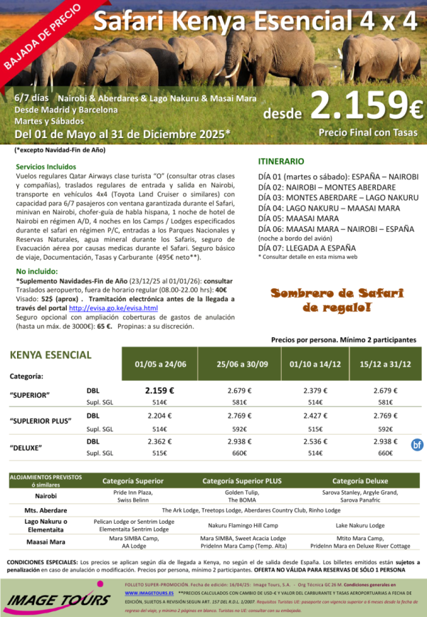 KENYA Esencial: Nairobi & Aberdares & Lago Nakuru & Masai Mara. Bajada de precios, 7ds desde 2.159 tax incl.