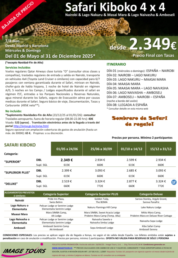 KENYA Kiboko: Nairobi & Nakuru & Masai Mara & Naivasha & Amboseli. Bajada de precios, 8ds dsd 2.349 tax incl,